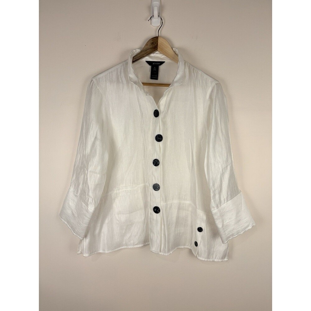 Ali Miles Button Down Shirt White Shimmer XL Wired Collar Artsy Classic Holiday